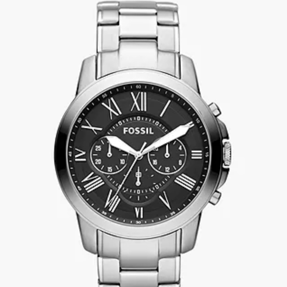 Fossil Men’s Black and Silver Grant Chronograph Stainless Steel Watch